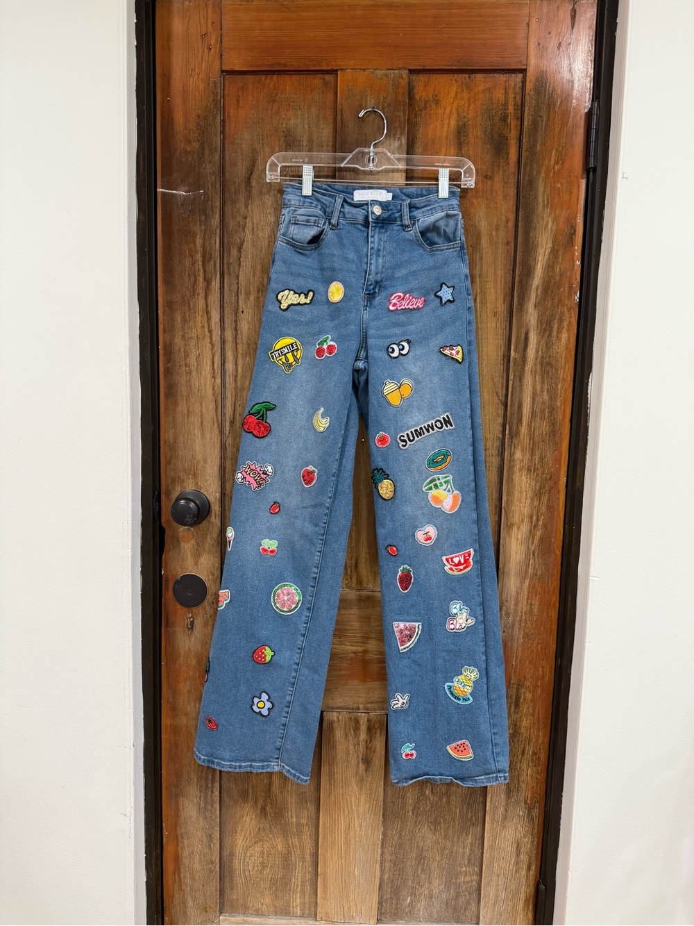 Blue Wide-Leg Embroidered Patch Jeans
